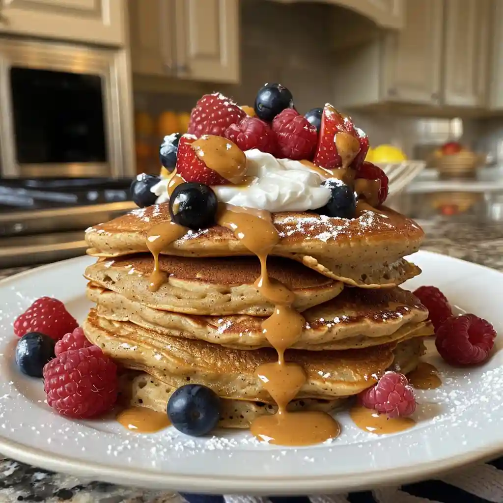 Stack of Millville Protein Pancake Mix Review topped with Greek yogurt, berries, and peanut butter