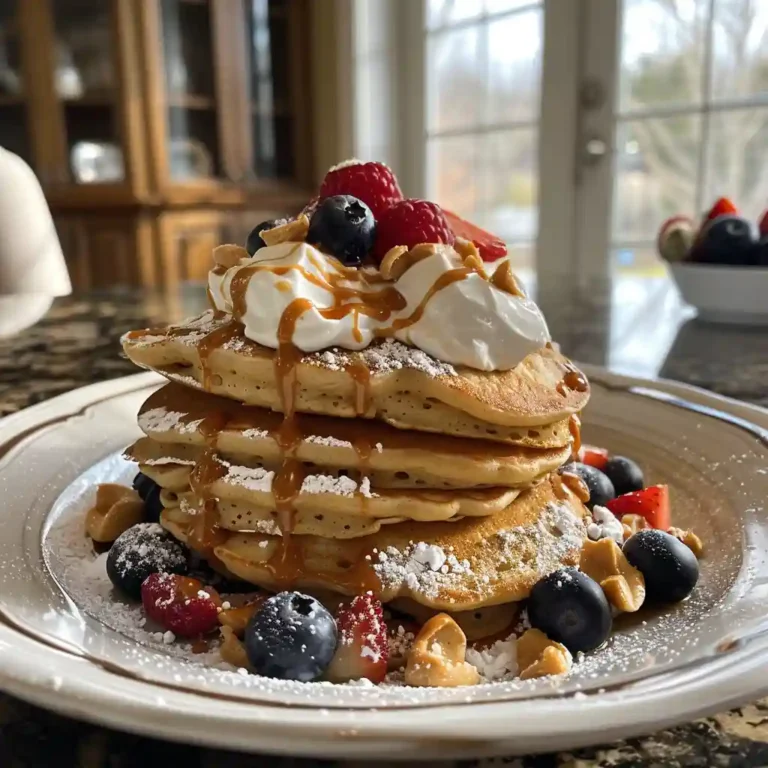 Millville Protein Pancake Mix Review + Recipe Hack (High-Protein & Blender-Free!) 2 Stack of Millville protein pancakes topped with Greek yogurt, berries, and peanut butter
