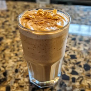 Testosterone-Boosting Ashwagandha Coffee Smoothie served in a clear glass on a kitchen counter