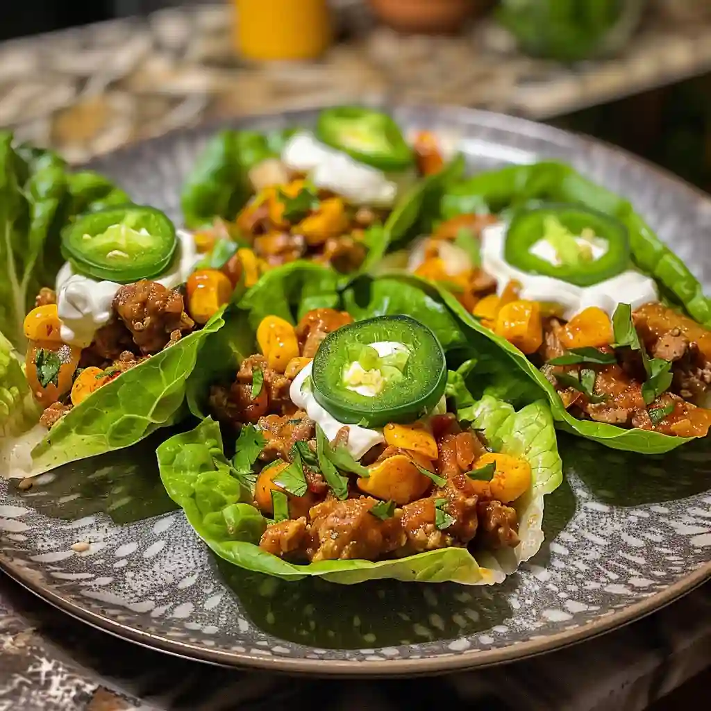Three keto lettuce wraps plated with jalapeños, avocado, and sour cream