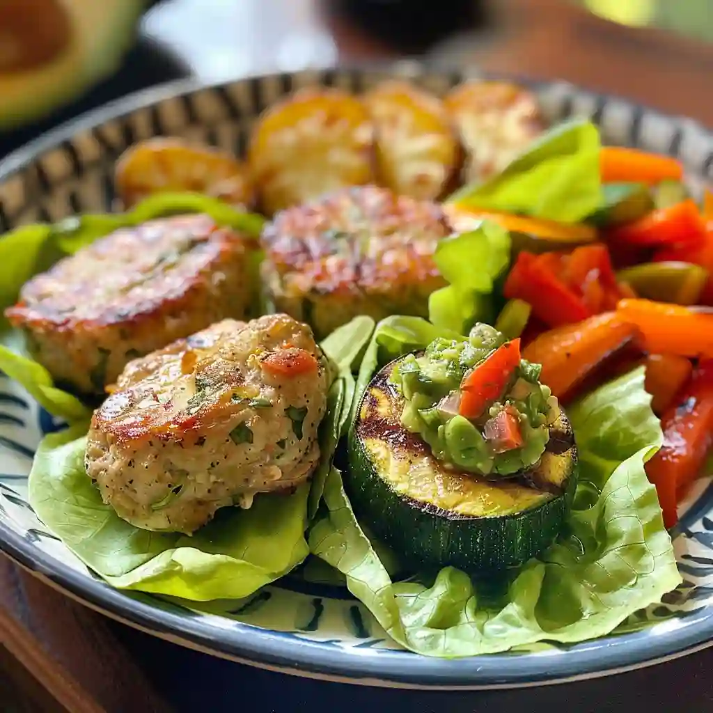 turkey-burger-serving Mounjaro-Friendly Protein-Packed Lunch Turkey zucchini burgers wrapped in butter lettuce with salsa and roasted veggies