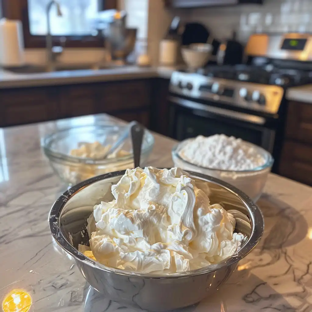 keto orange fluff with Greek yogurt Whipping cream being folded into orange gelatin and yogurt mixture
