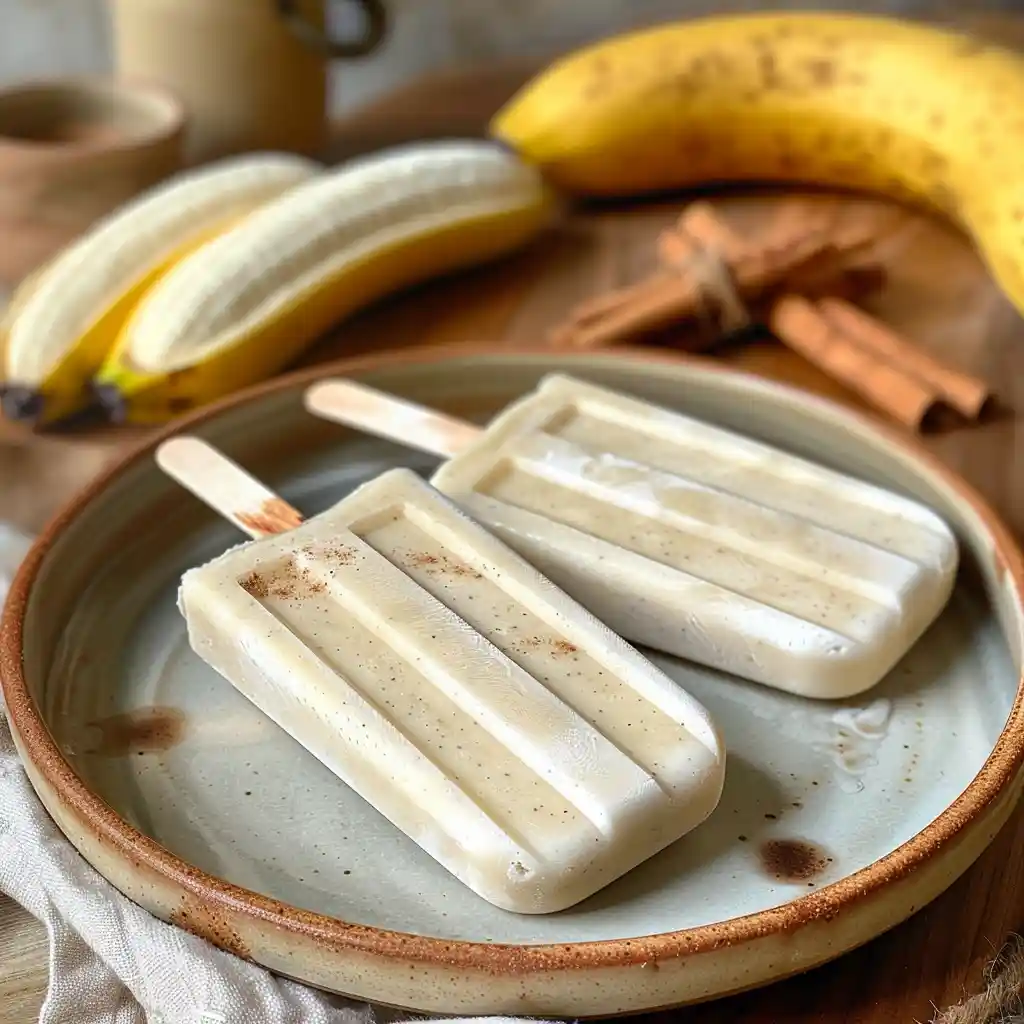 Banana vanilla protein ice pops on a plate with cinnamon sticks and banana slices