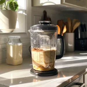 Blending banana, yogurt, almond milk, and protein powder in a high-speed blender