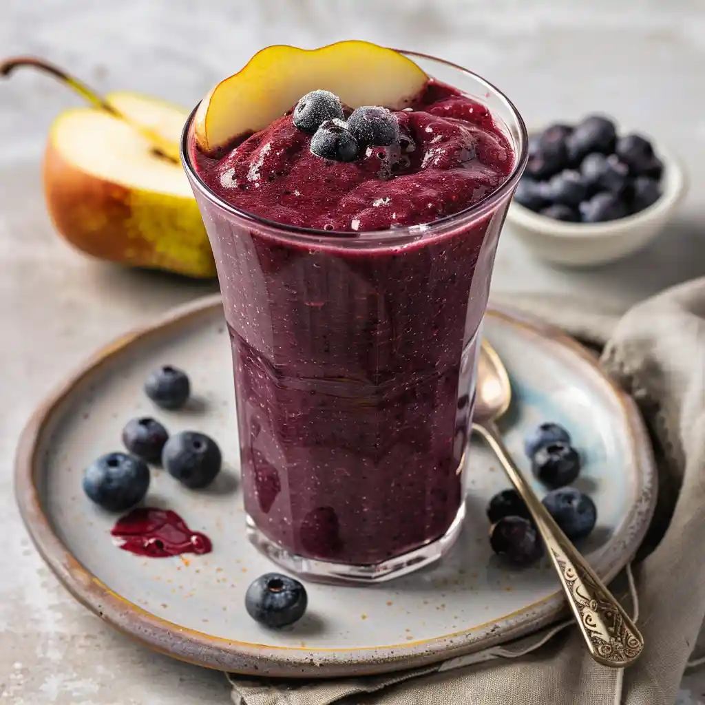 Blueberry pear smoothie in a clear glass with fresh toppings and pumpkin seed milk