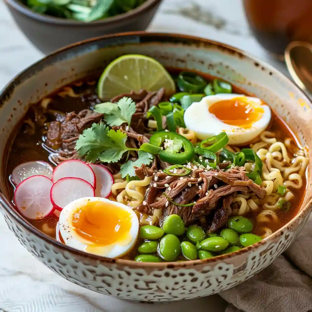 Bowl of birria ramen with egg, shredded beef, lime, radish, and edamame