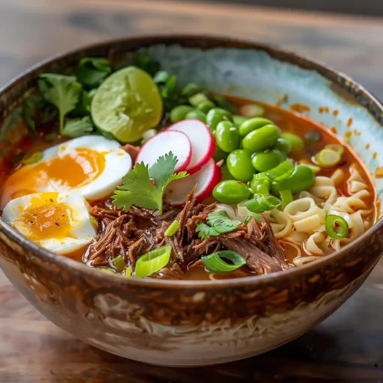 Bowl of birria ramen served with melted cheese and fresh herbs
