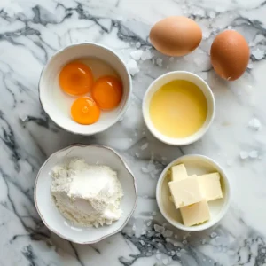 Carnivore ice cream ingredients on a countertop: cream, butter, egg yolks, salt, gelatin