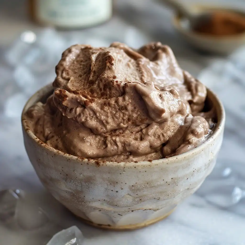 Chocolate banana protein fluff served in a rustic bowl with thick mousse-like texture
