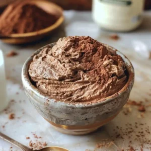 Protein Fluff That Actually Fills You Up (Without the Powdery Taste) 8 Chocolate protein fluff served in a bowl with banana slices and cocoa topping