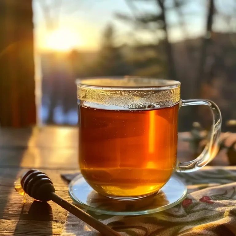 Clear mug of hormone balance tea with honey dipper and herbs on the side, evening light