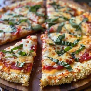 Cottage cheese pizza crust baked to golden perfection with marinara and basil