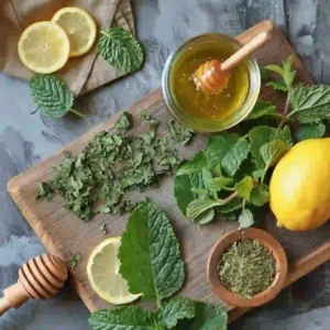 Fresh and dried lemon balm leaves, lemon slices, and honey on a wooden board
