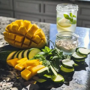 Fresh mango, mint, zucchini, coconut milk, collagen, and water laid out on kitchen counter