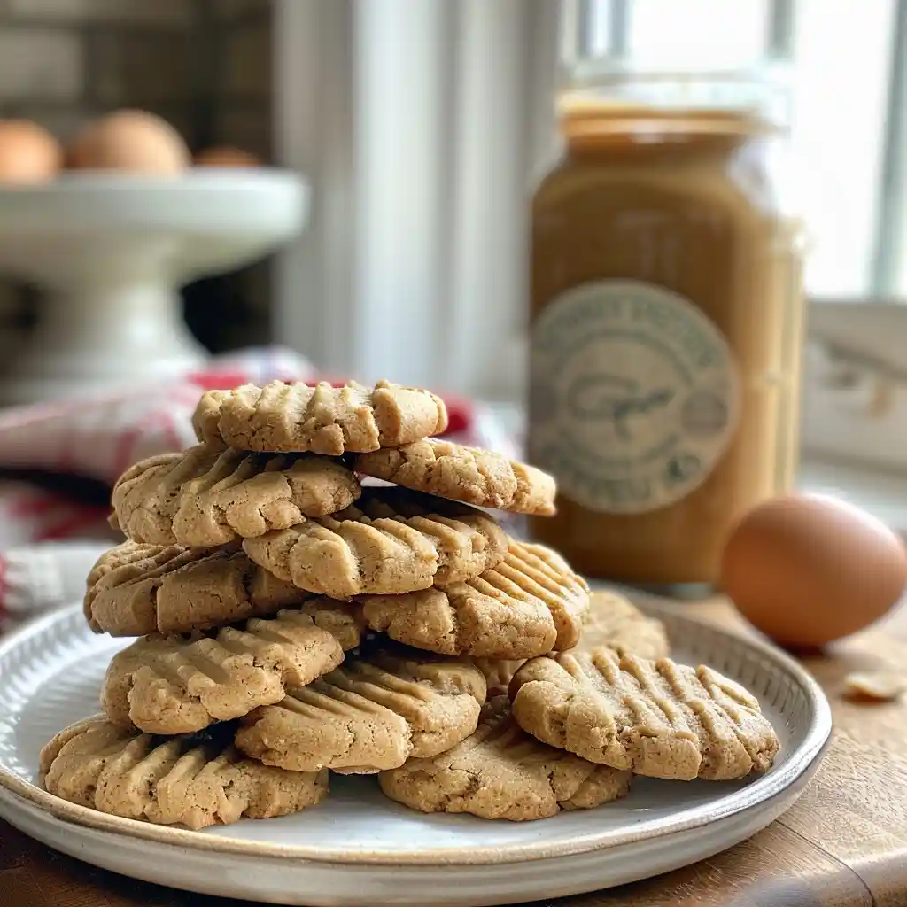 Freshly baked keto peanut butter cookies stacked on a plate with natural light