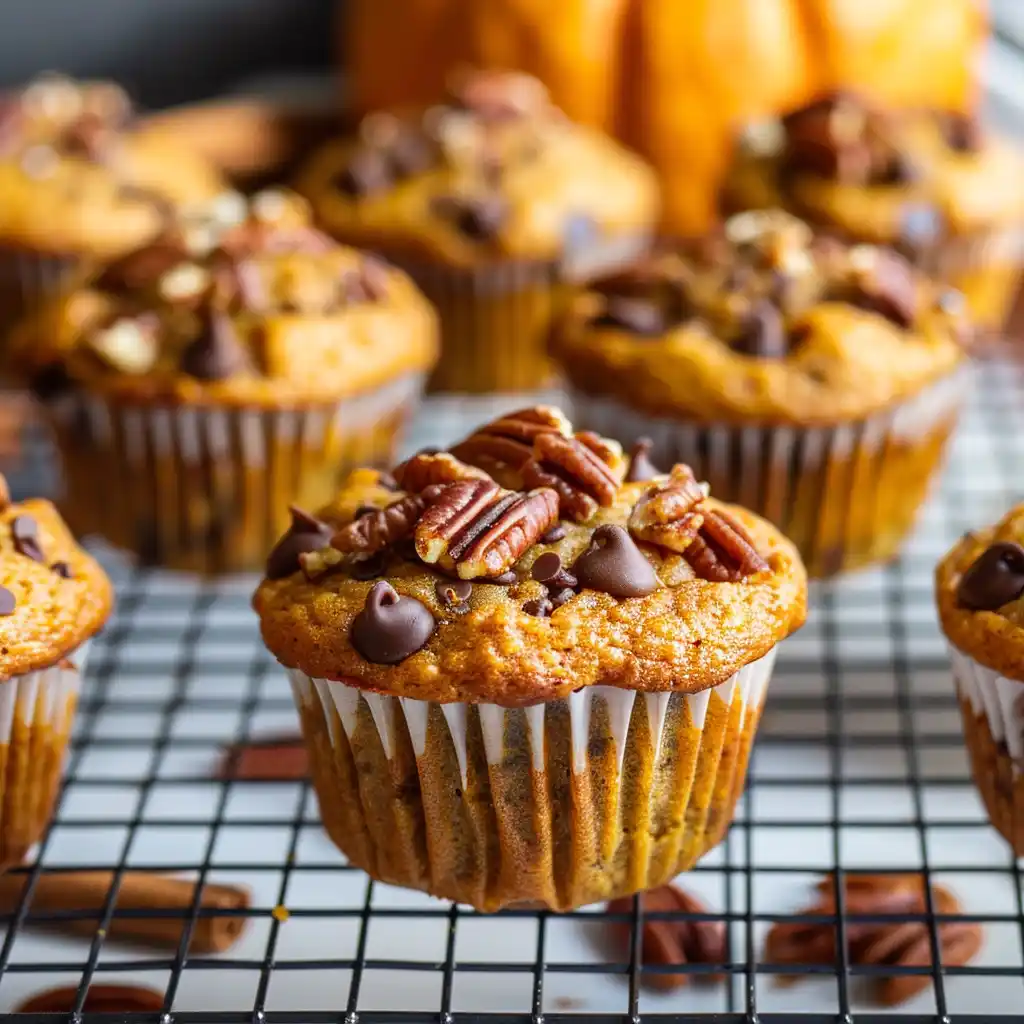 Freshly baked keto pumpkin muffins on a cooling rack with fall spices