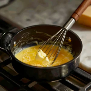 Gently whisking cream, butter, and egg yolks in a saucepan over low heat