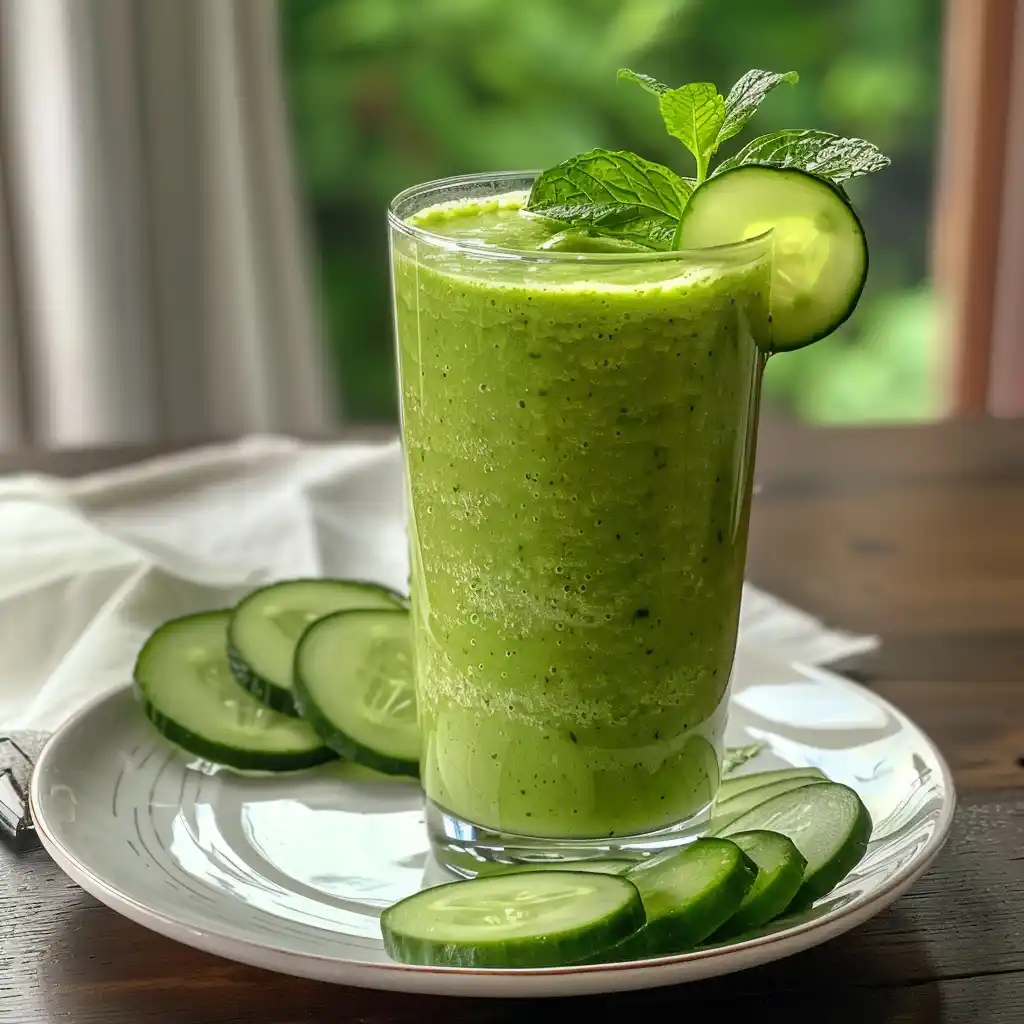 low histamine Green smoothie apple ginger smoothie served in a glass with cucumber slices