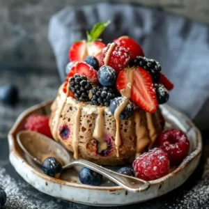 High-protein banana mug cake in a rustic mug with almond butter and berries on top