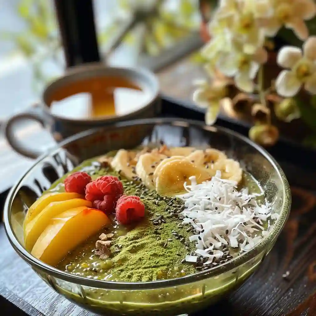 High-protein matcha chia pudding in a glass jar with berries and almond butter