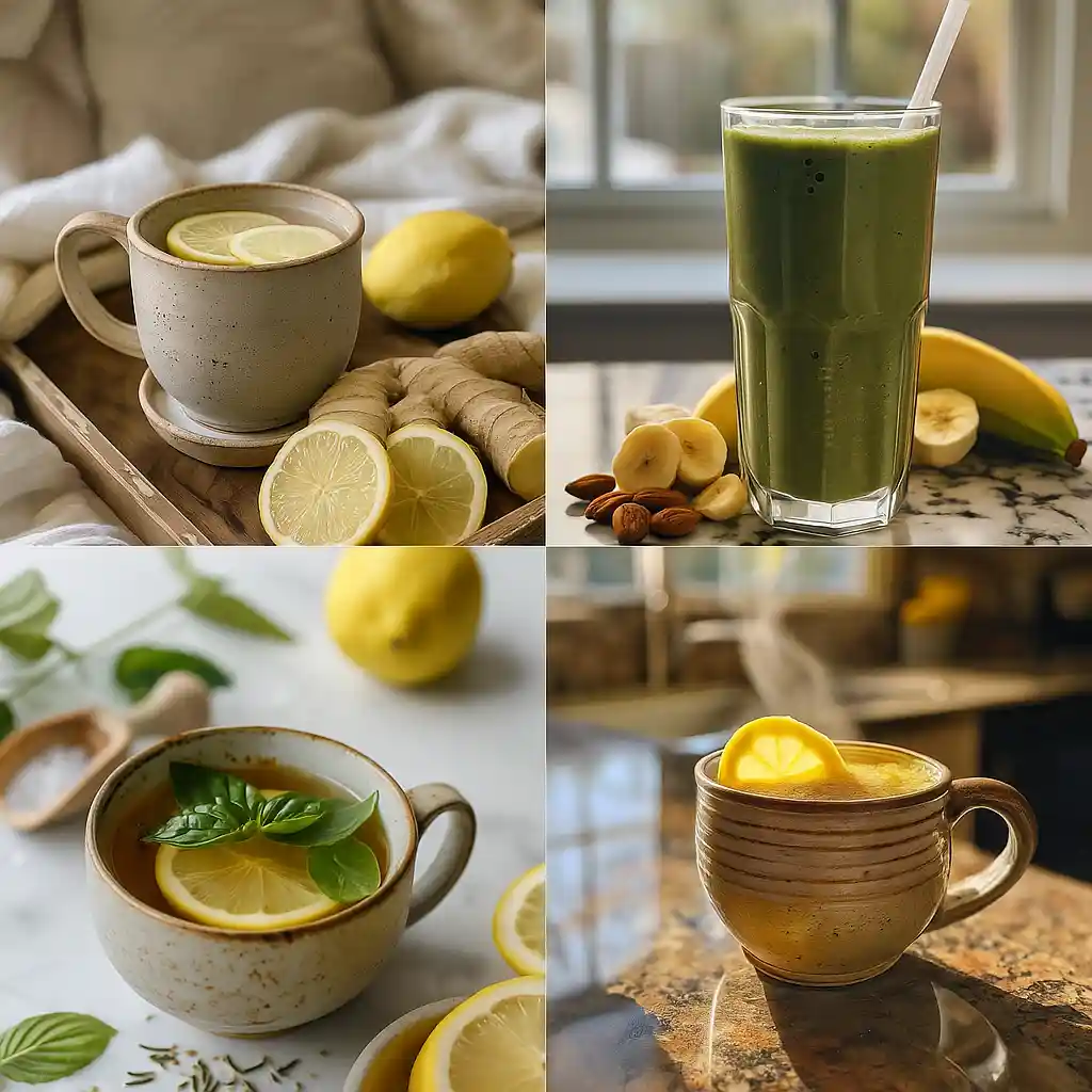 A cozy collage of hormone-balancing drinks including lemon ginger tea, green smoothie, holy basil tea, and turmeric latte in ceramic mugs