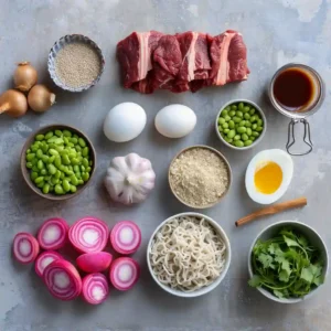 Ingredients for birria ramen laid out on counter including beef, chiles, broth, and fresh toppings
