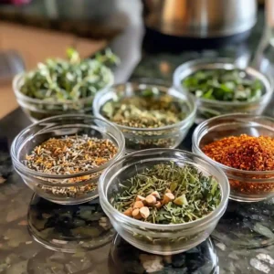 Loose herbs for hormone balance tea in small bowls: spearmint, nettle, red clover, and chamomile