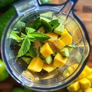Mango and mint being added to blender with other smoothie ingredients nearby