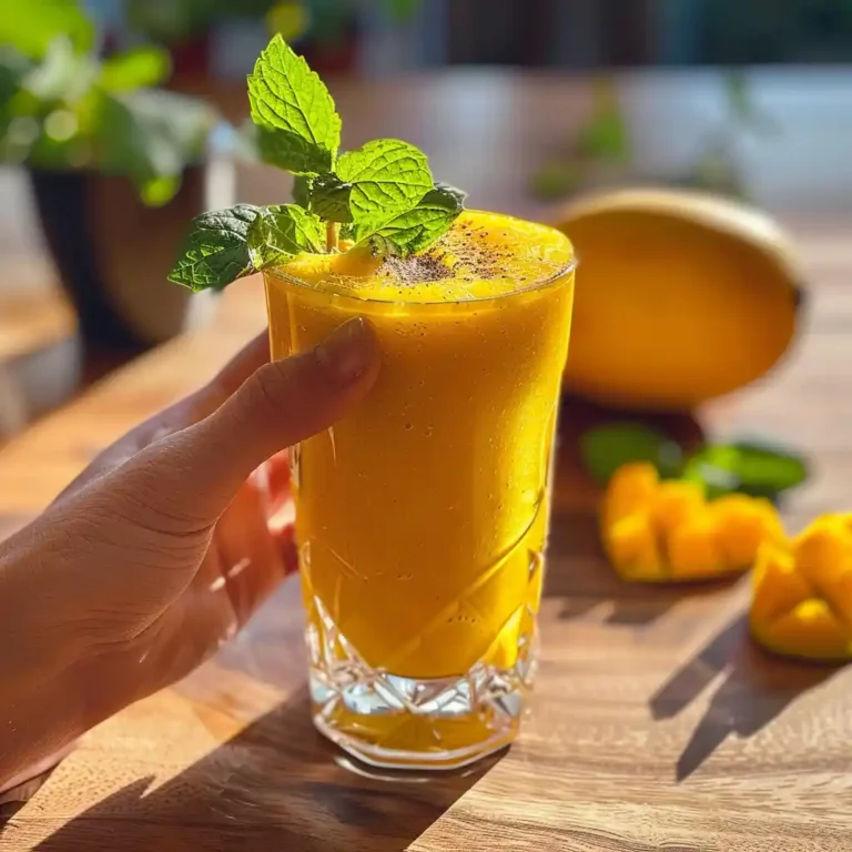 Mango mint smoothie served in glass with mint leaf, on wooden table