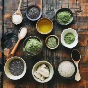 Matcha chia pudding ingredients laid out on a kitchen counter
