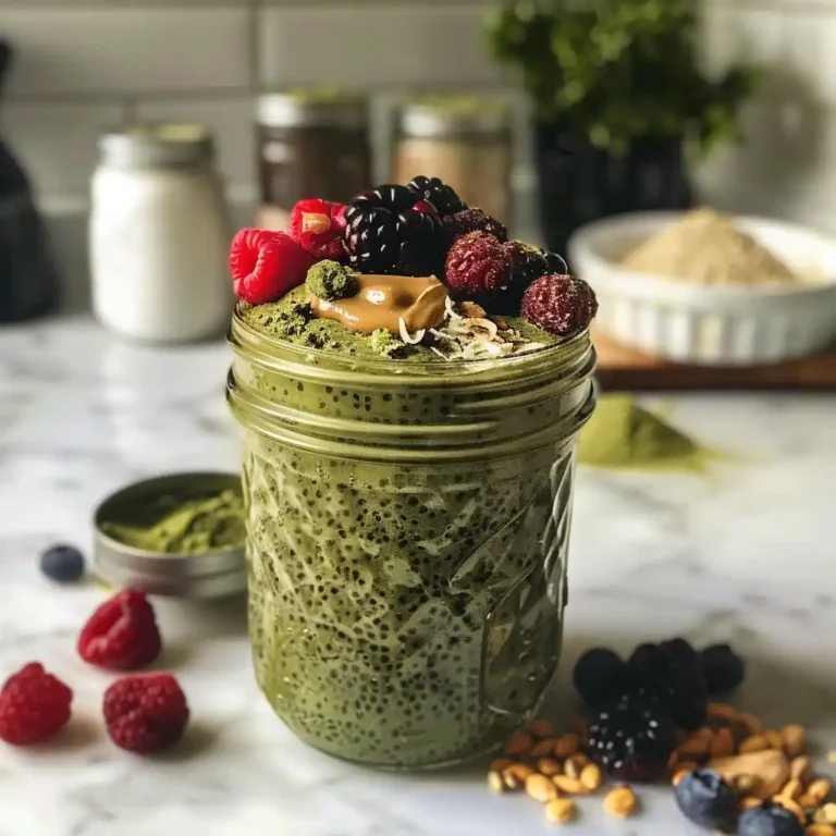 Matcha chia pudding served with berries, cacao nibs, and nut butter