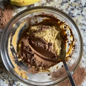 Mixing mashed banana, almond butter, and eggs in a white bowl for protein brownies