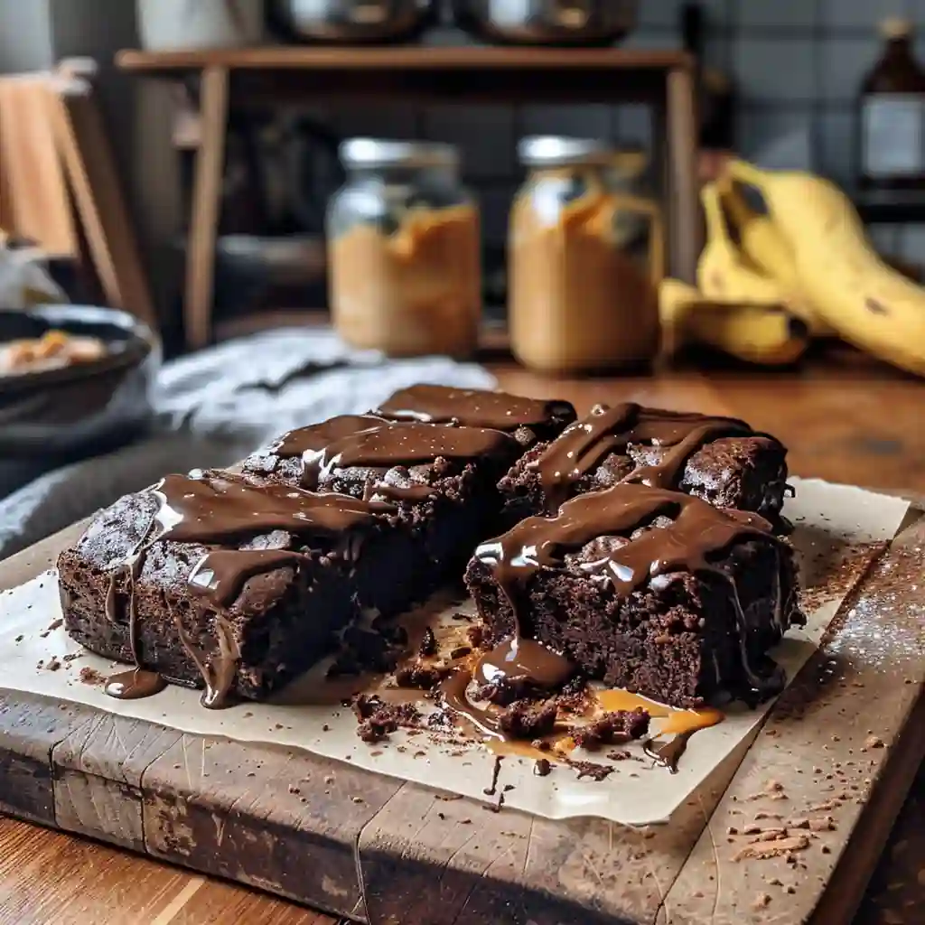 Moist protein brownies sliced on a rustic wooden table with melted chocolate on top