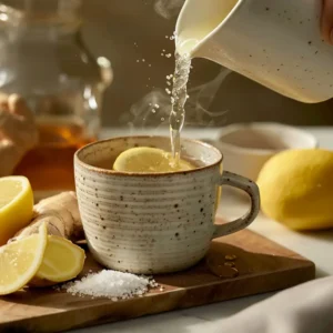Cortisol Detox Drink: The Best Daily Habit to Lower Stress and Burn Belly Fat 8 Pouring warm water into a mug with lemon and ginger
