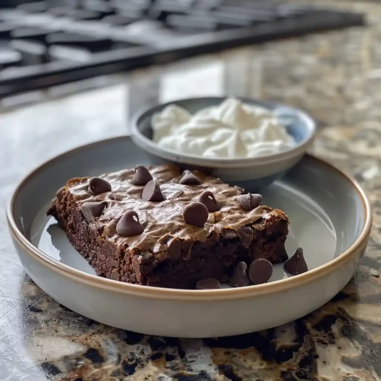 Protein brownie served with Greek yogurt on a ceramic plate
