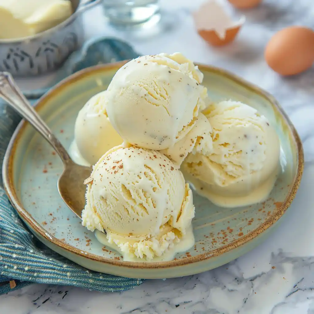 Scoops of carnivore ice cream on a plate with a spoon and melted edges