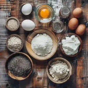 Flat lay of ingredients for high protein bread recipe on a kitchen counter