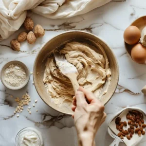 Mixing high protein bread batter in a bowl with spatula