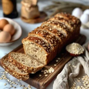 Sliced high protein bread on a wooden board with visible seeds and airy crumb